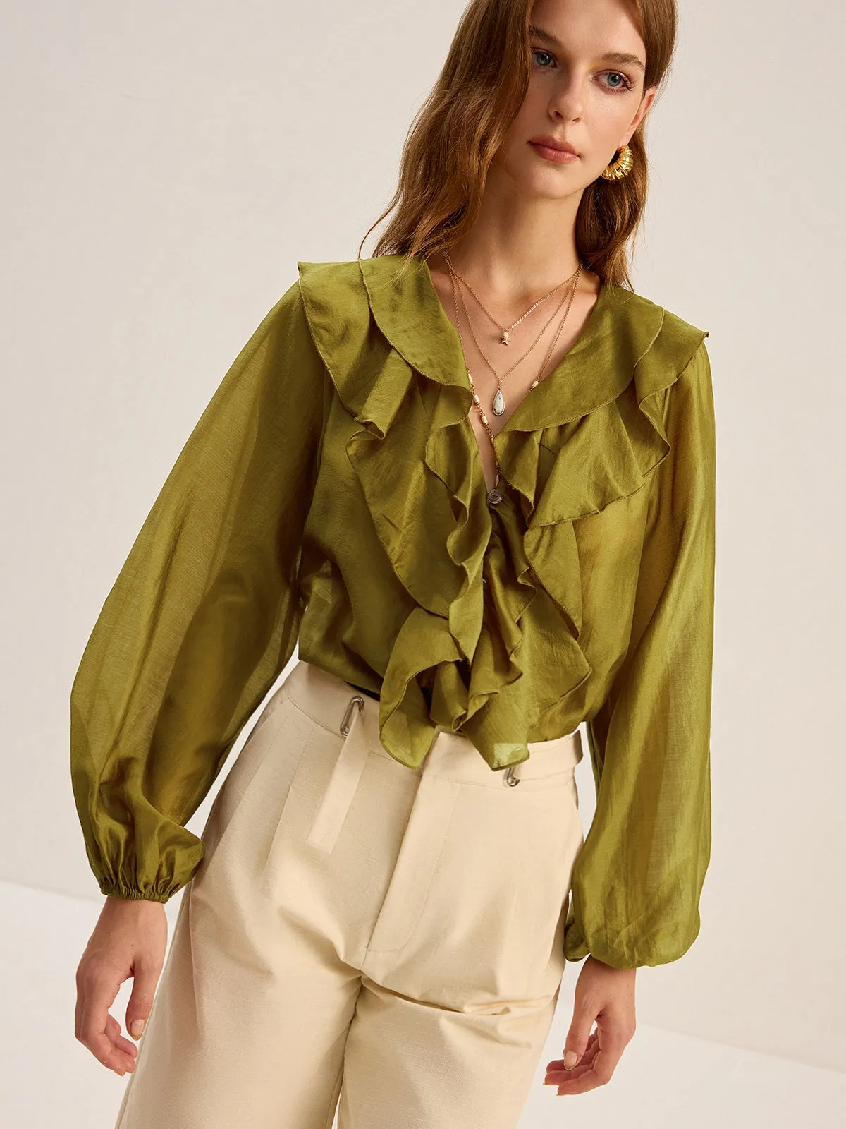 Semi-Sheer Tencel Ruffle Blouse sold by COMMENSE product image thumbnail 2