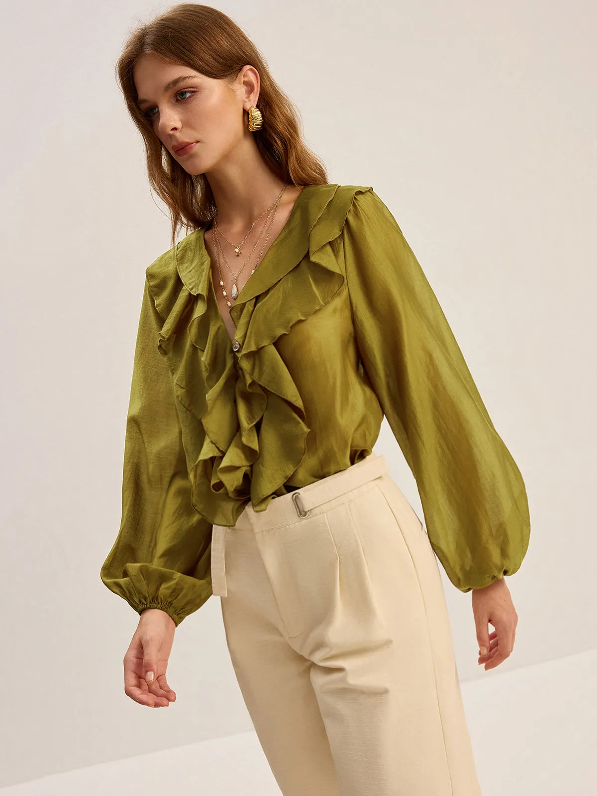 Semi-Sheer Tencel Ruffle Blouse sold by COMMENSE product image thumbnail 4