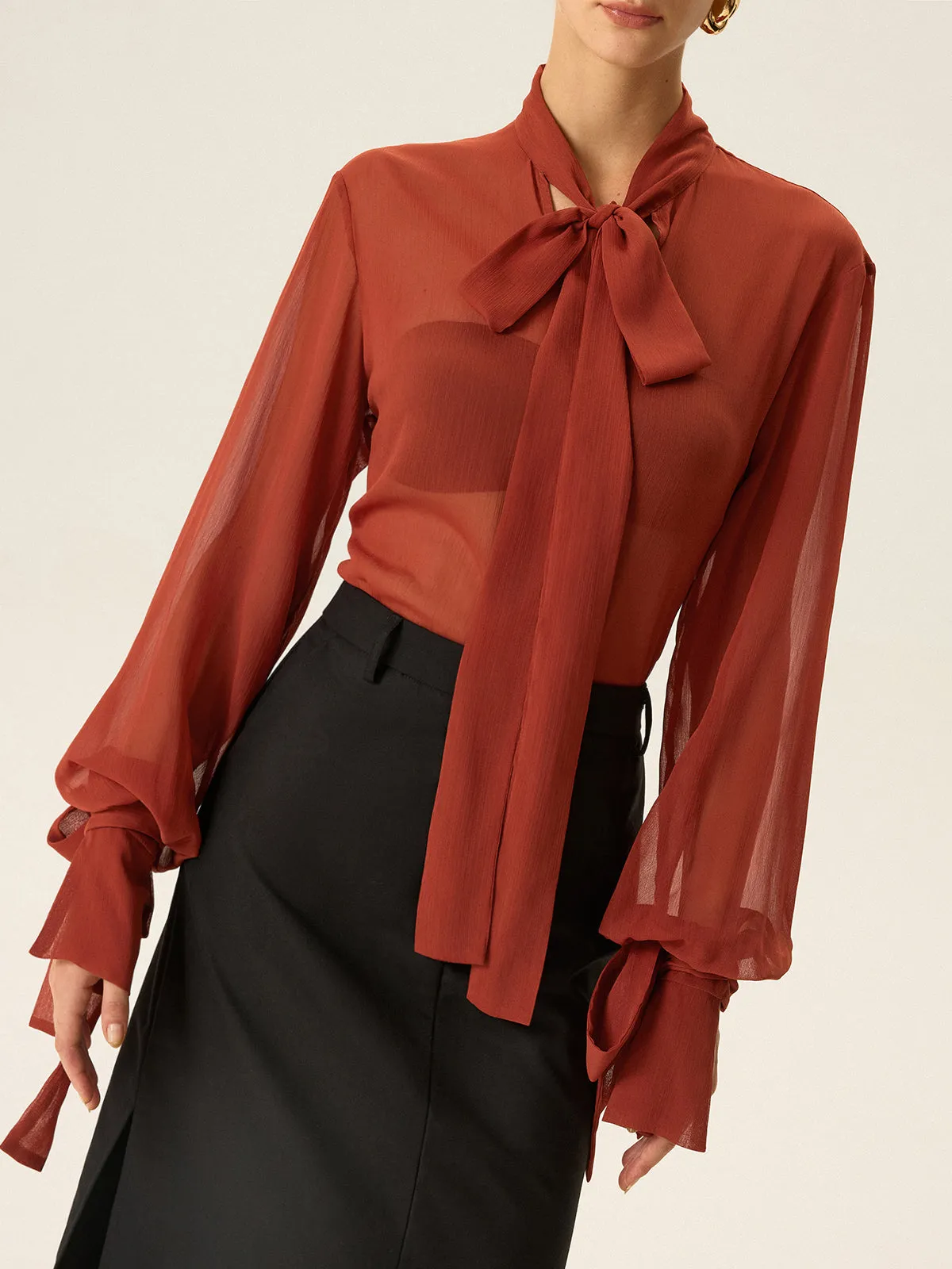 Semi-Sheer Chiffon Tie Neck Blouse sold by COMMENSE product image thumbnail 4