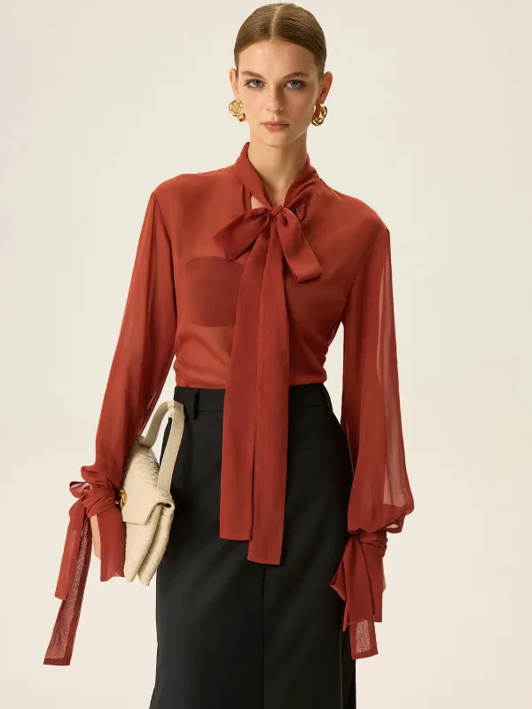 Semi-Sheer Chiffon Tie Neck Blouse sold by COMMENSE