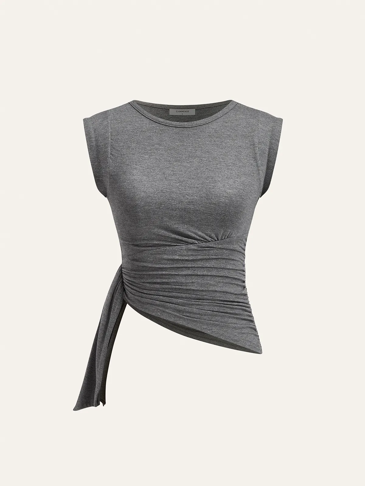 Ruched Asymmetric Hem Sleeveless Top sold by COMMENSE