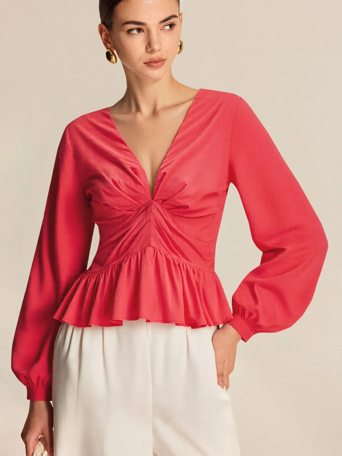Cotton Deep V-Neck Peplum Top sold by COMMENSE product image thumbnail 5
