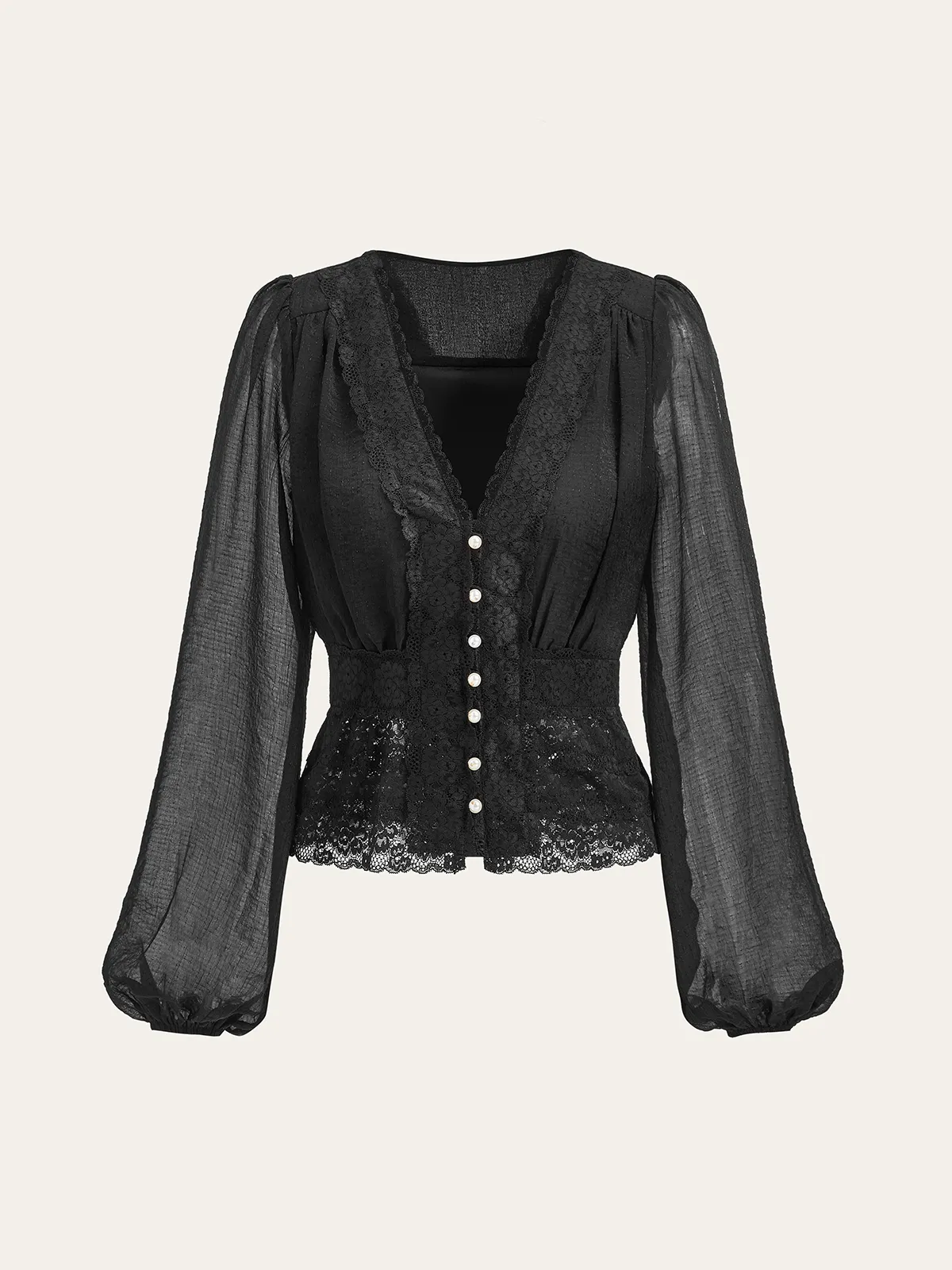 Lace Trim Pearl Button Top sold by COMMENSE