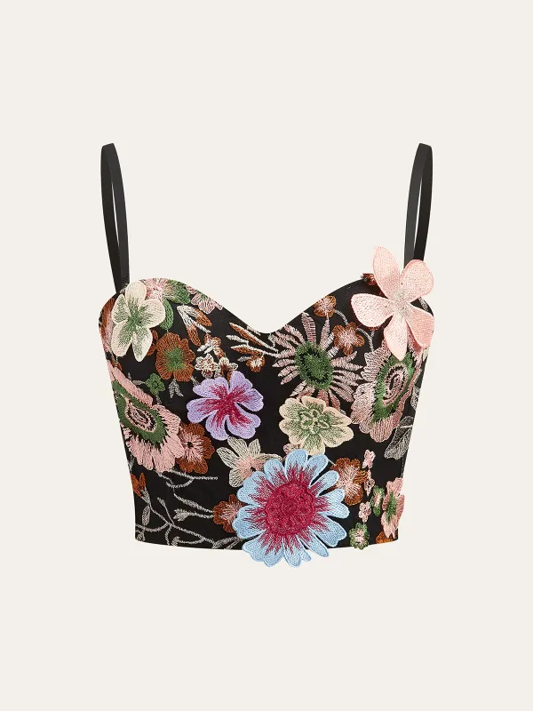 Semi-Sheer 3D Flower Embroidered Corset Top sold by COMMENSE