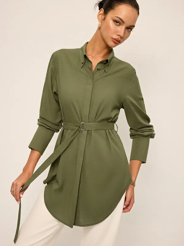 Cotton & Linen Belted Long-Sleeve Shirt sold by COMMENSE