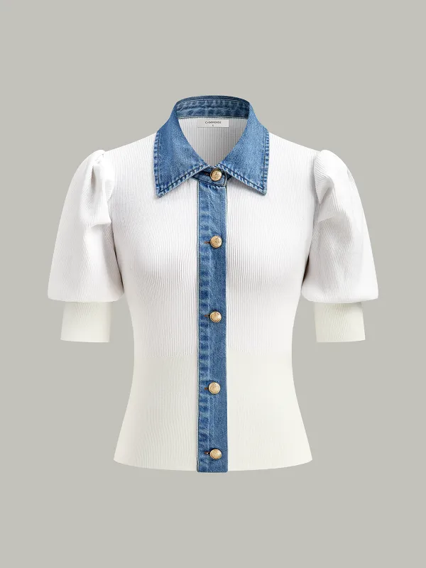 Knitted and Denim Contrast Button Top sold by COMMENSE