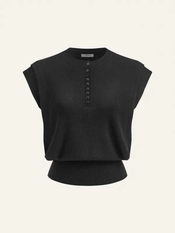 Cap Sleeve Button Cinched Knit Top sold by COMMENSE
