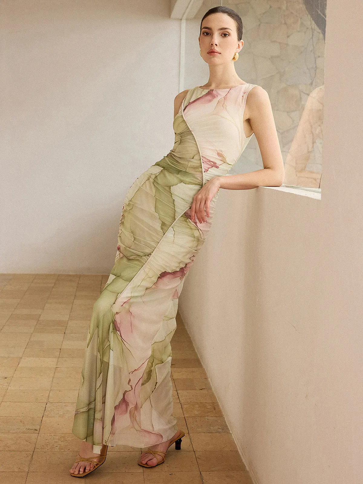 Printed Semi-Sheer Mesh Maxi Dress sold by COMMENSE product image thumbnail 3