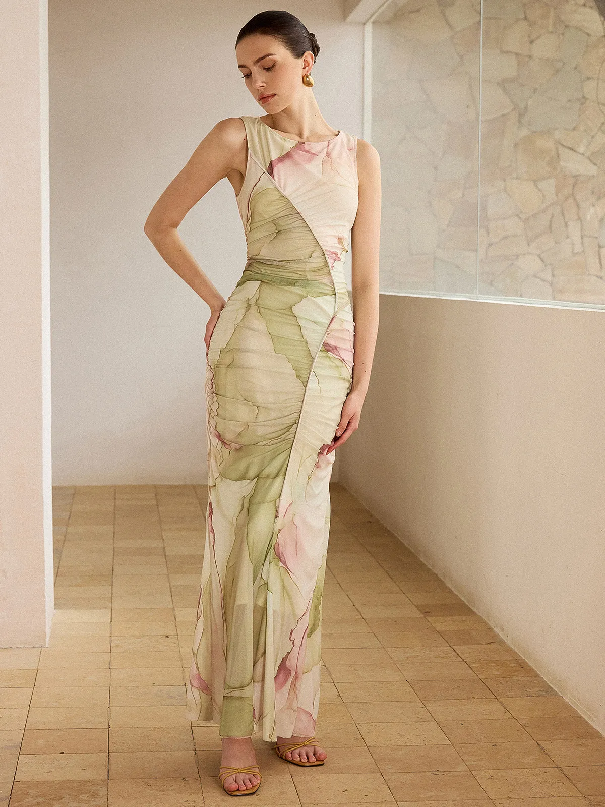 Printed Semi-Sheer Mesh Maxi Dress sold by COMMENSE product image thumbnail 5