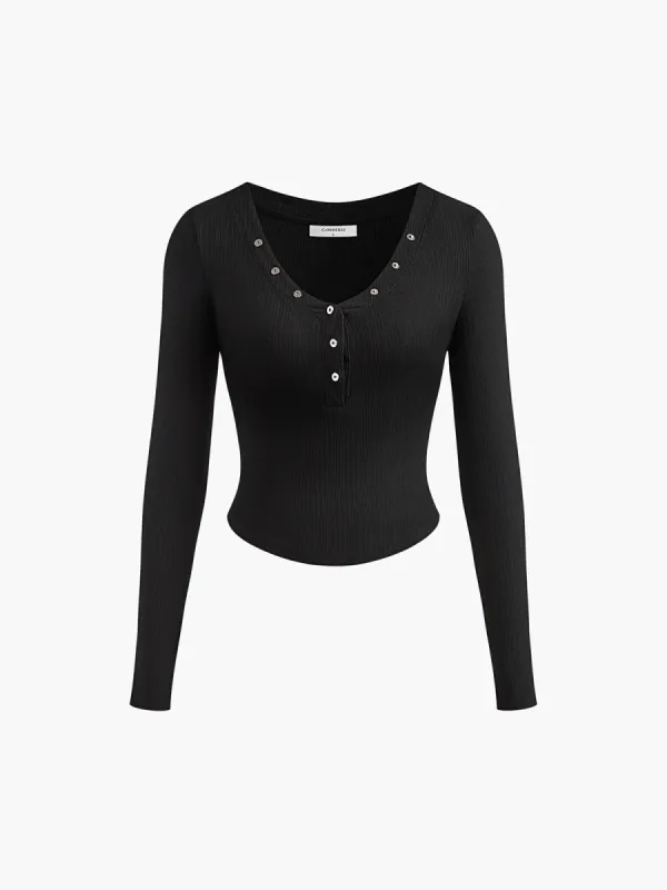 Button Ribbed Long Sleeve T-Shirt sold by COMMENSE