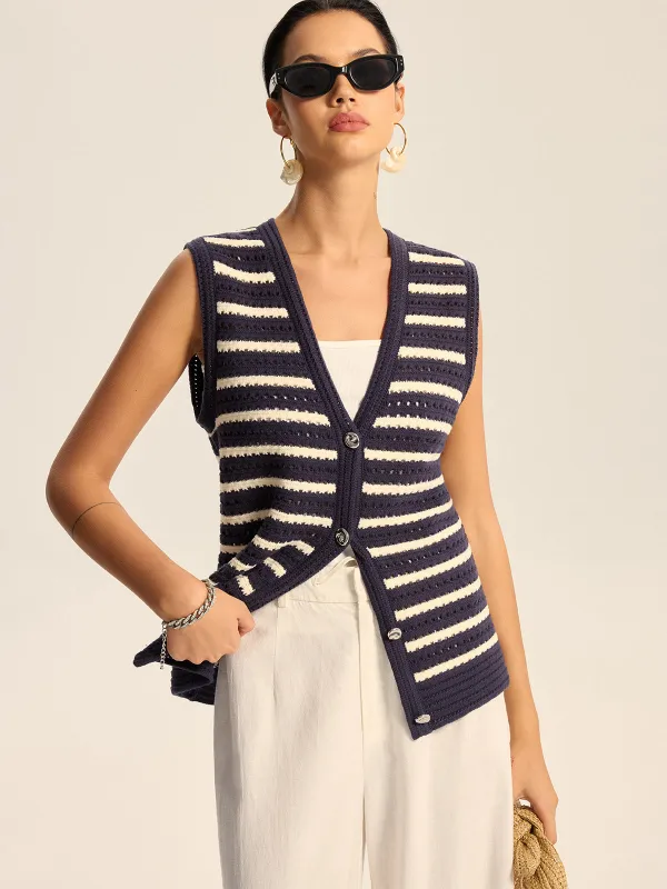 Striped Knitted Button Vest sold by COMMENSE