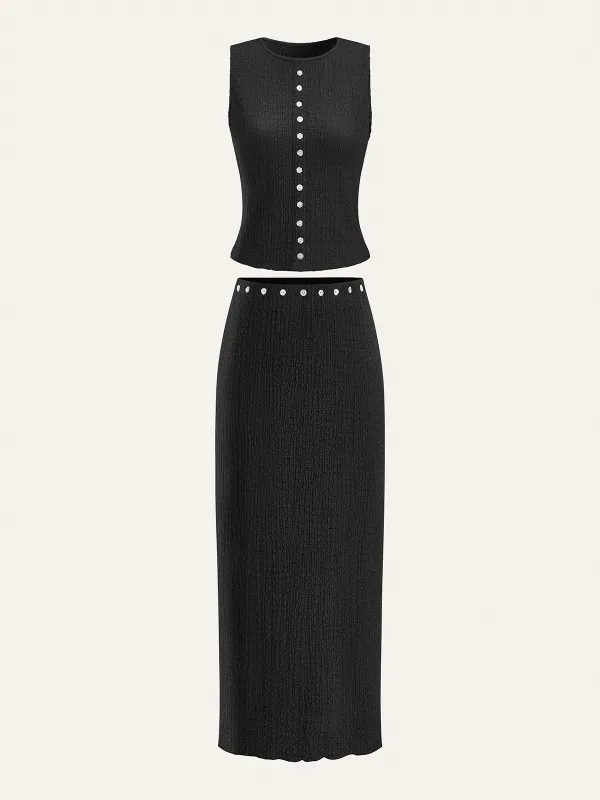 Decor Button Top and Midi Skirt Set sold by COMMENSE