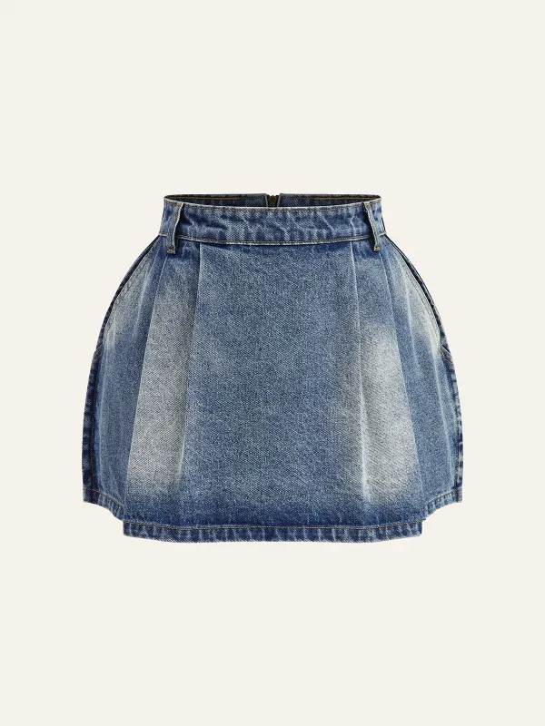 Denim Mid-Waisted Pleated Mini Skirt sold by COMMENSE