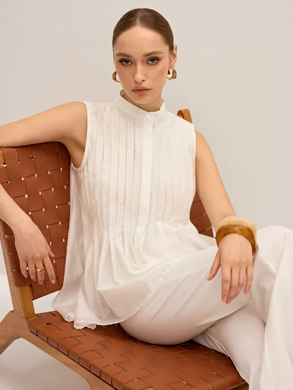 Semi-Sheer Pleated Mock Neck Blouse sold by COMMENSE