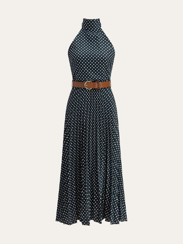 Polka Dot Halter Neck Belted Midi Dress sold by COMMENSE