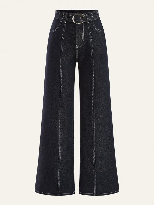 Denim Contrast-Stitch Pants with Belt sold by COMMENSE