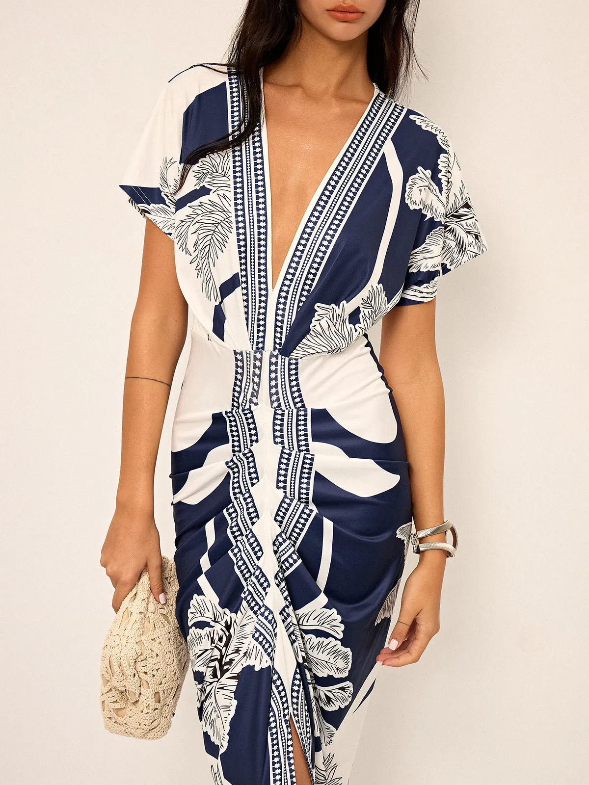 Printed Deep V-Neck Midi Dress Without Belt sold by COMMENSE product image thumbnail 2
