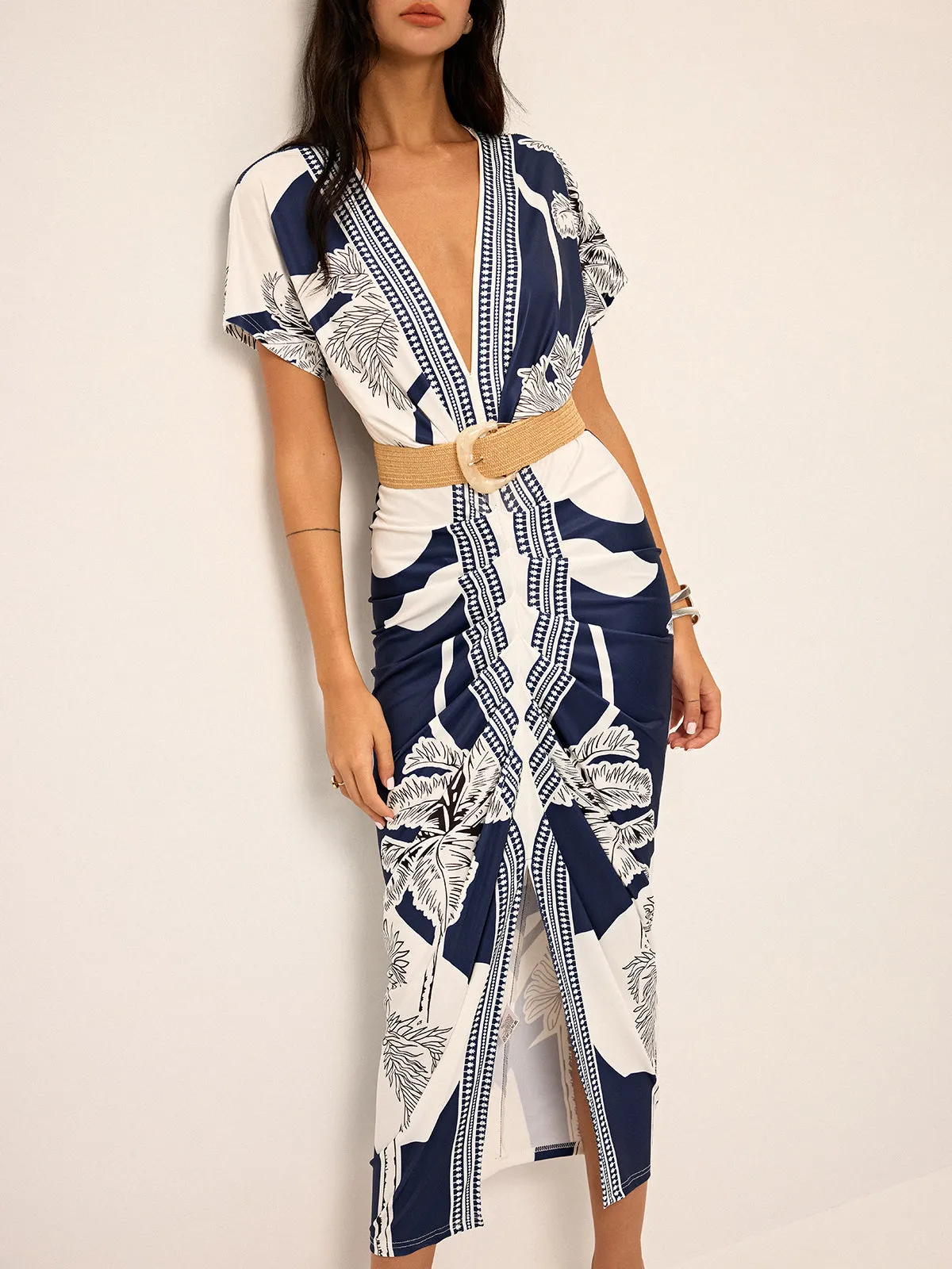 Printed Deep V-Neck Midi Dress Without Belt sold by COMMENSE product image thumbnail 5
