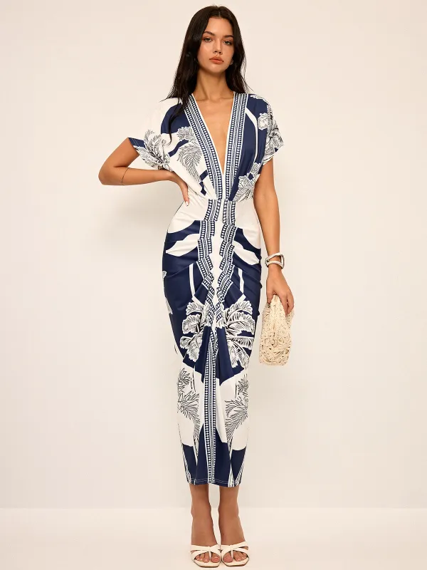 Printed Deep V-Neck Midi Dress Without Belt sold by COMMENSE