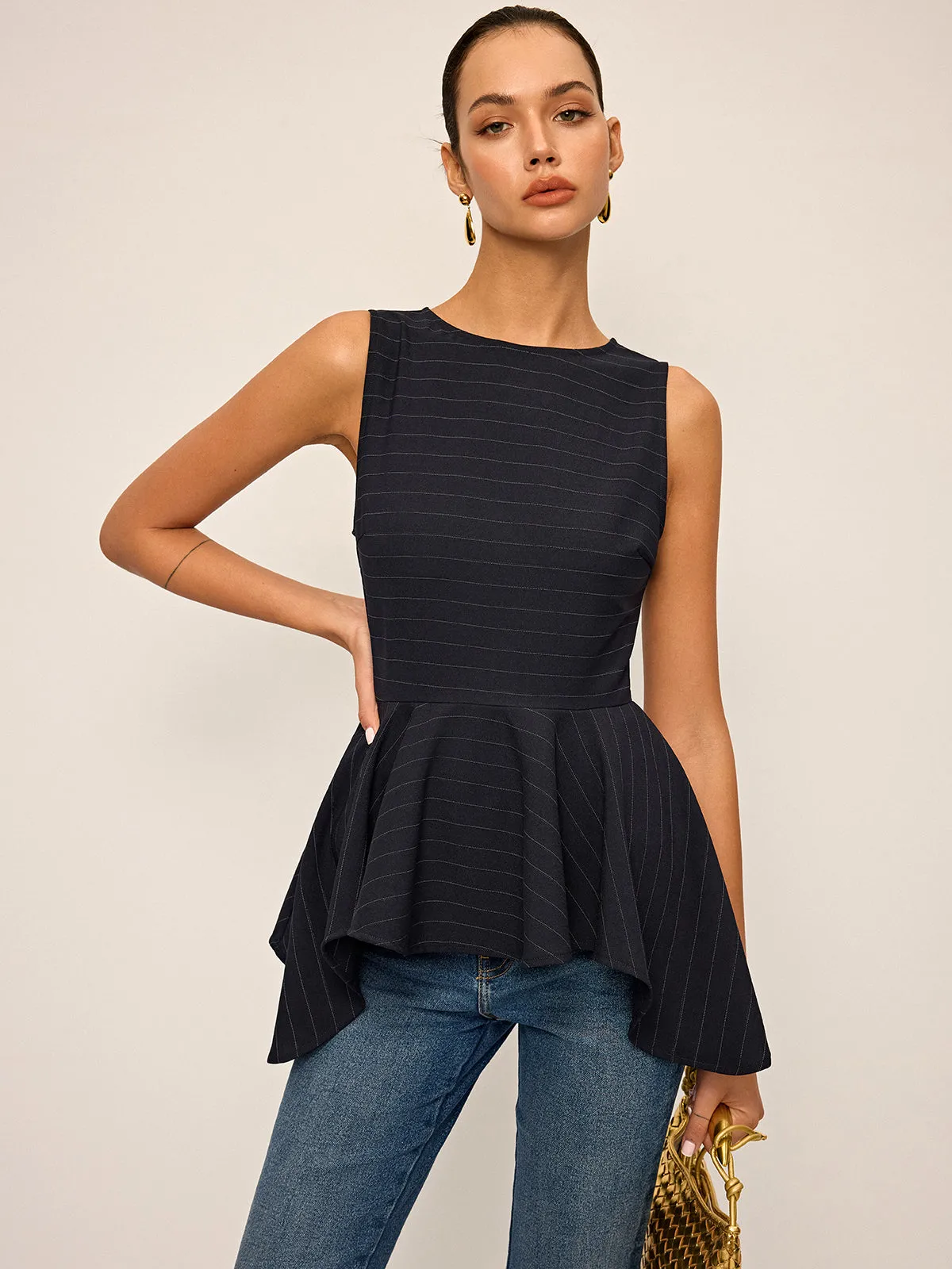Striped Peplum Hem Sleeveless Top sold by COMMENSE