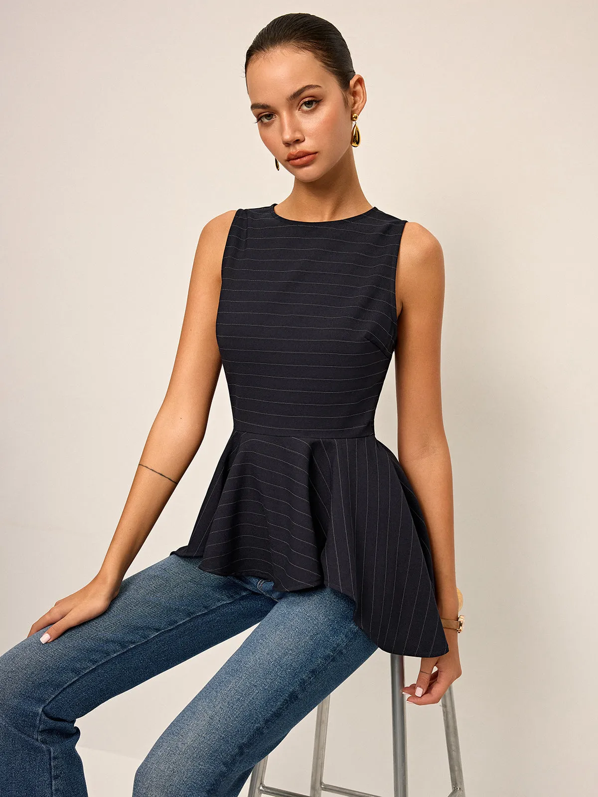 Striped Peplum Hem Sleeveless Top sold by COMMENSE product image thumbnail 2