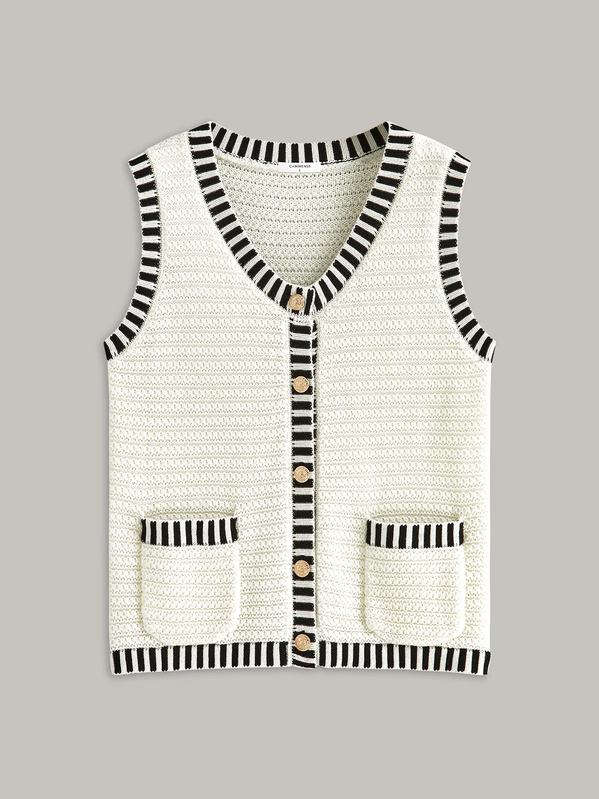 Button Striped Trim Knit Vest sold by COMMENSE