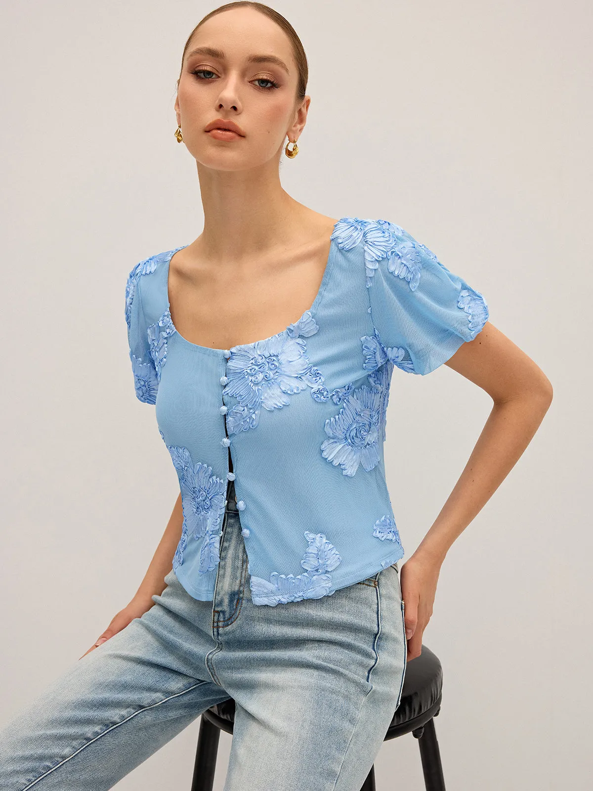 Floral Embroidered Square Neck Mesh Top sold by COMMENSE product image thumbnail 5