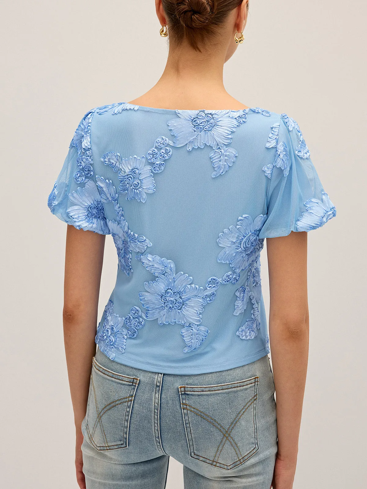Floral Embroidered Square Neck Mesh Top sold by COMMENSE product image thumbnail 3