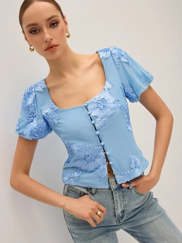Floral Embroidered Square Neck Mesh Top made by COMMENSE