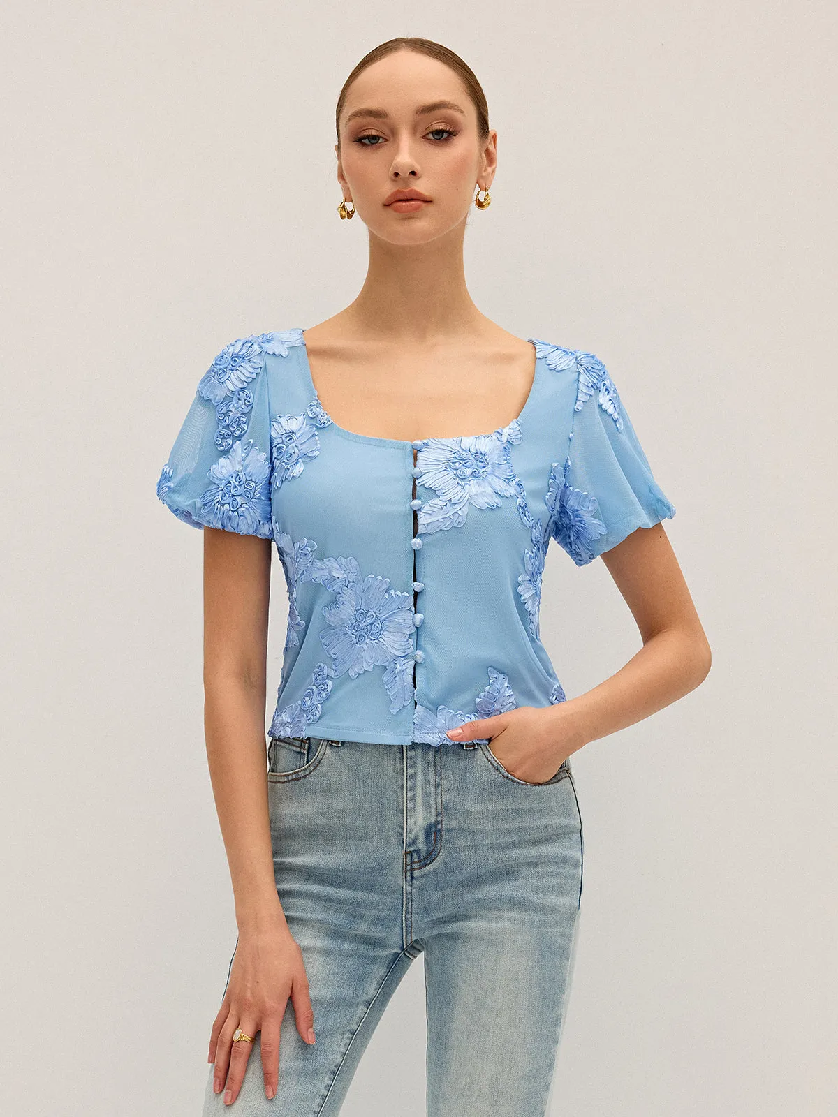 Floral Embroidered Square Neck Mesh Top sold by COMMENSE product image thumbnail 2