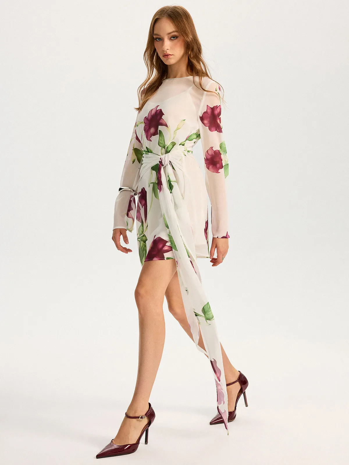 Semi-Sheer Floral Print Chiffon Mini Dress sold by COMMENSE product image thumbnail 3