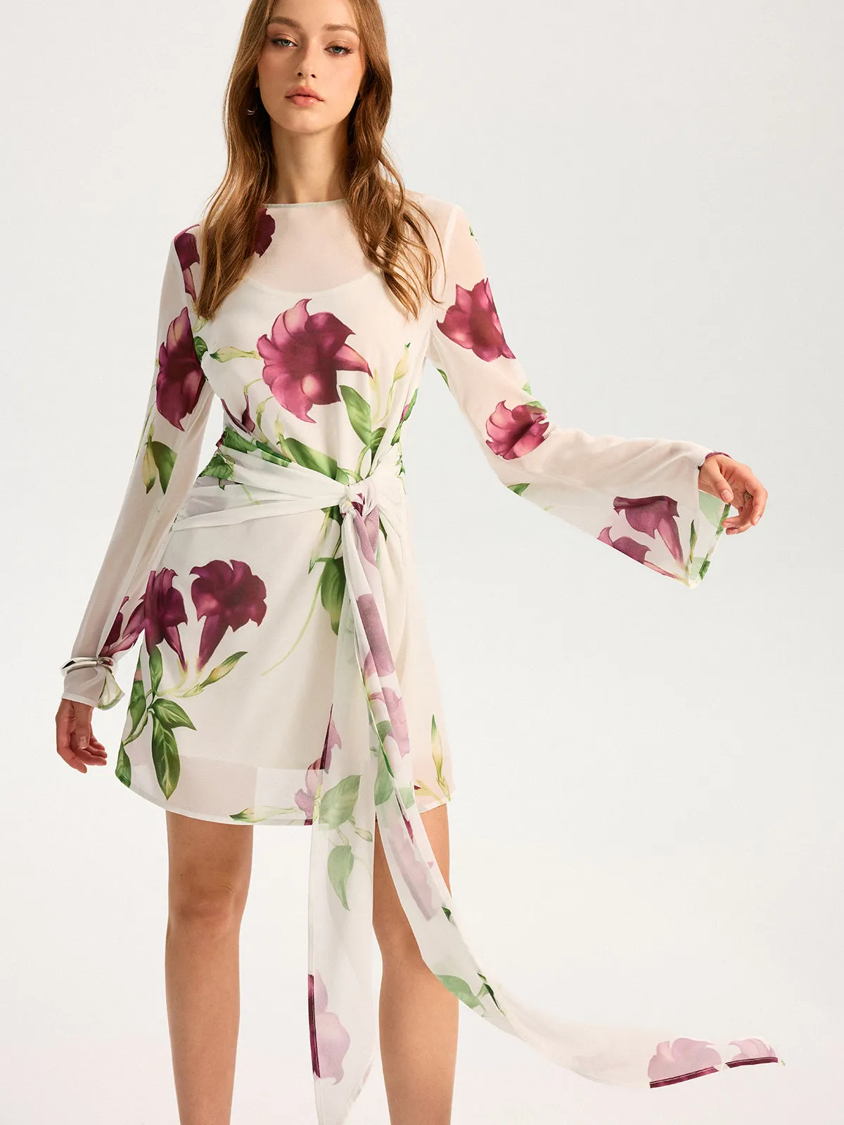 Semi-Sheer Floral Print Chiffon Mini Dress sold by COMMENSE