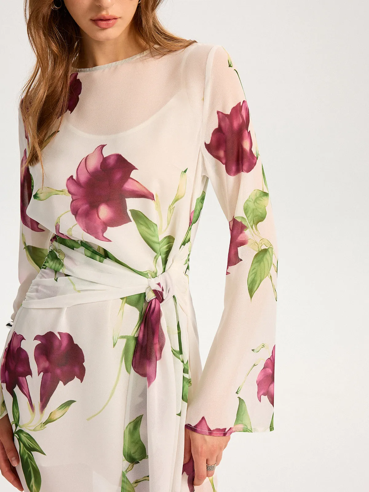 Semi-Sheer Floral Print Chiffon Mini Dress sold by COMMENSE product image thumbnail 4