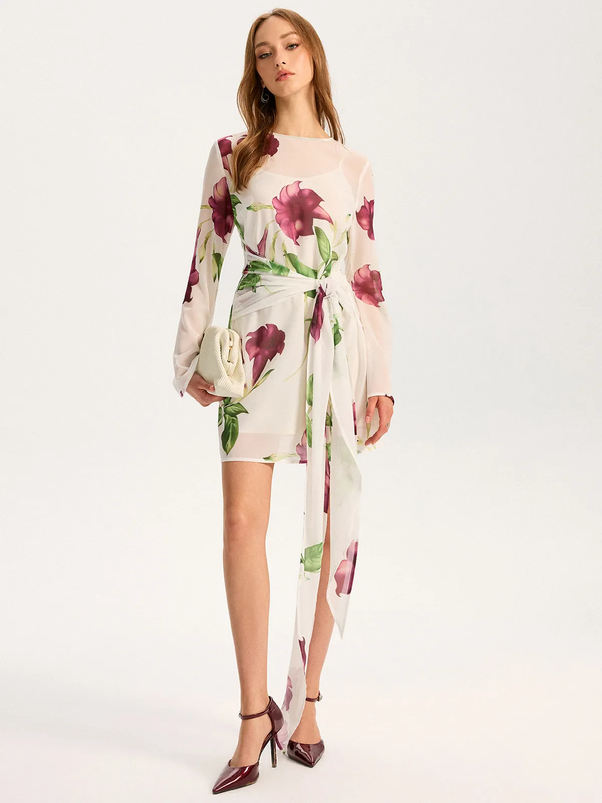 Semi-Sheer Floral Print Chiffon Mini Dress sold by COMMENSE product image thumbnail 2