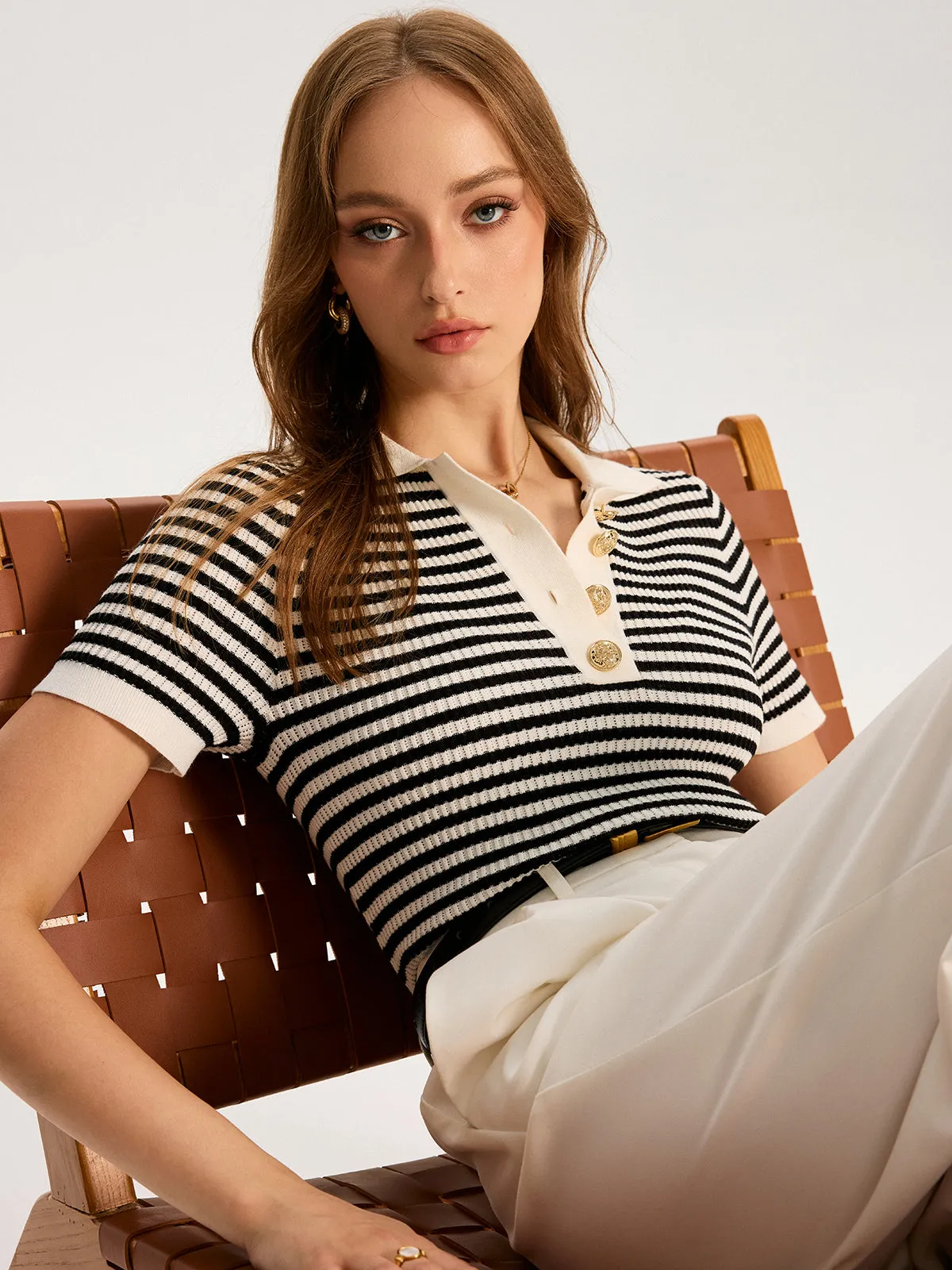 Metal Button Striped Knit Polo Top sold by COMMENSE product image thumbnail 2
