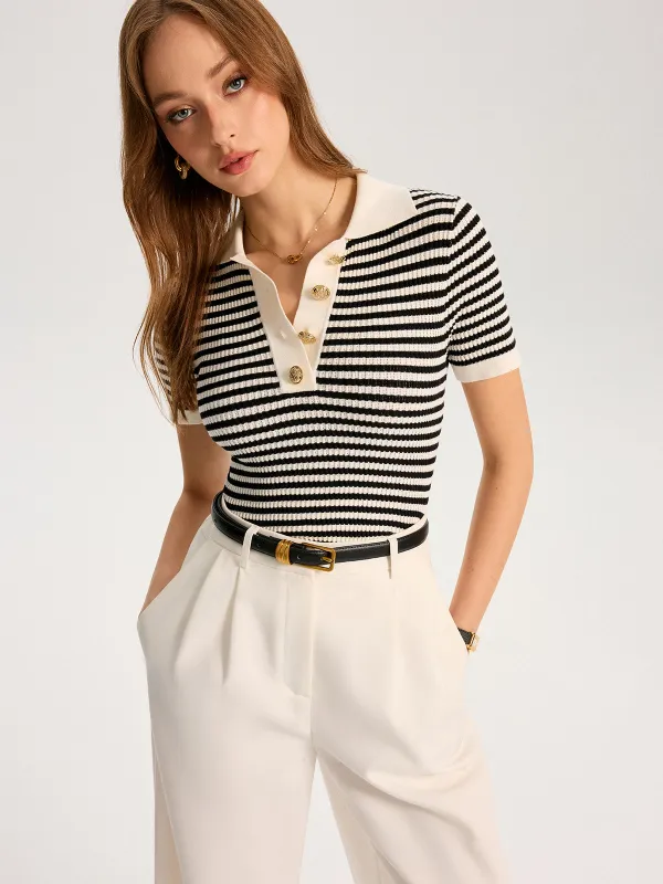 Metal Button Striped Knit Polo Top sold by COMMENSE
