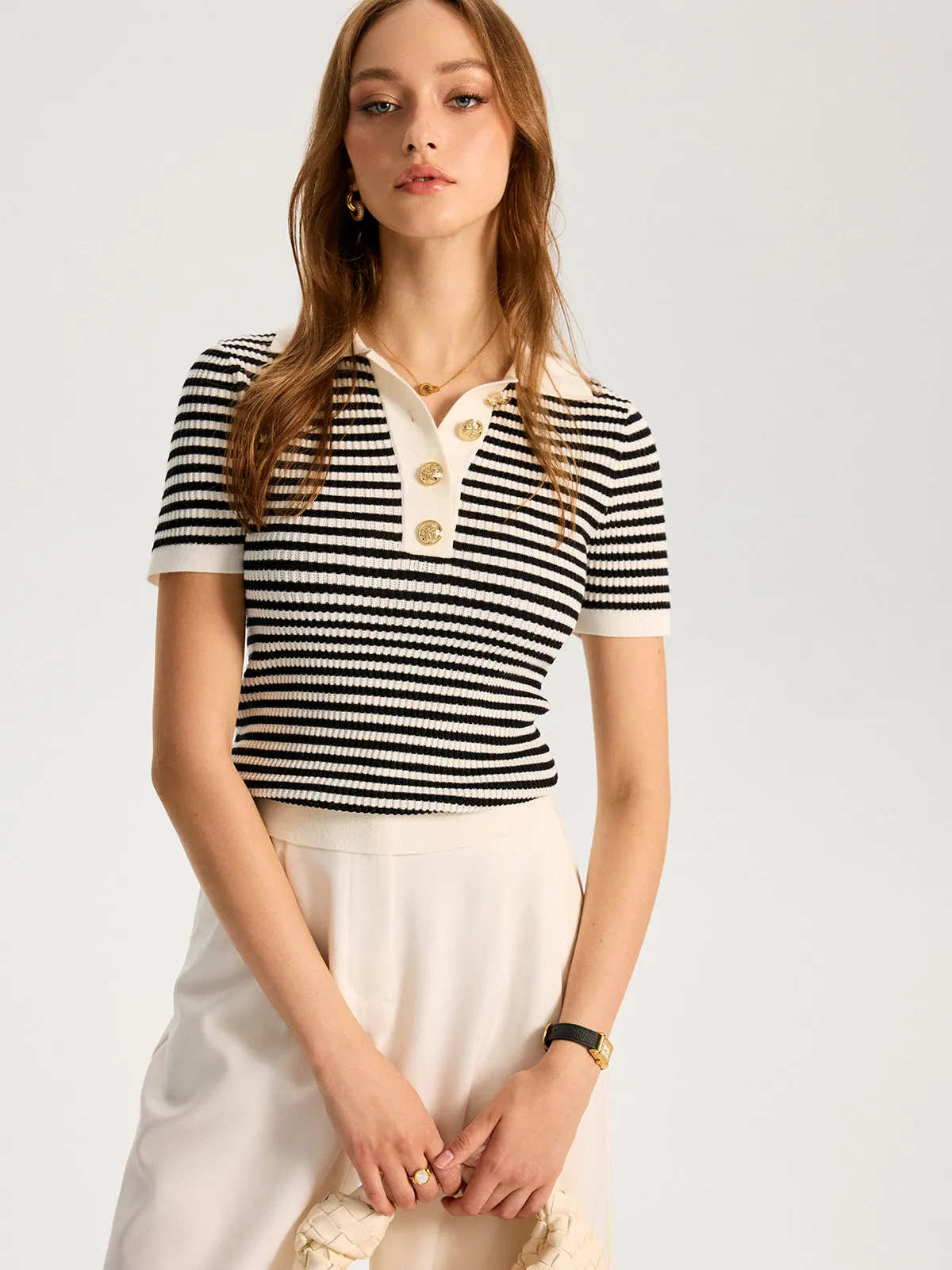 Metal Button Striped Knit Polo Top sold by COMMENSE product image thumbnail 4