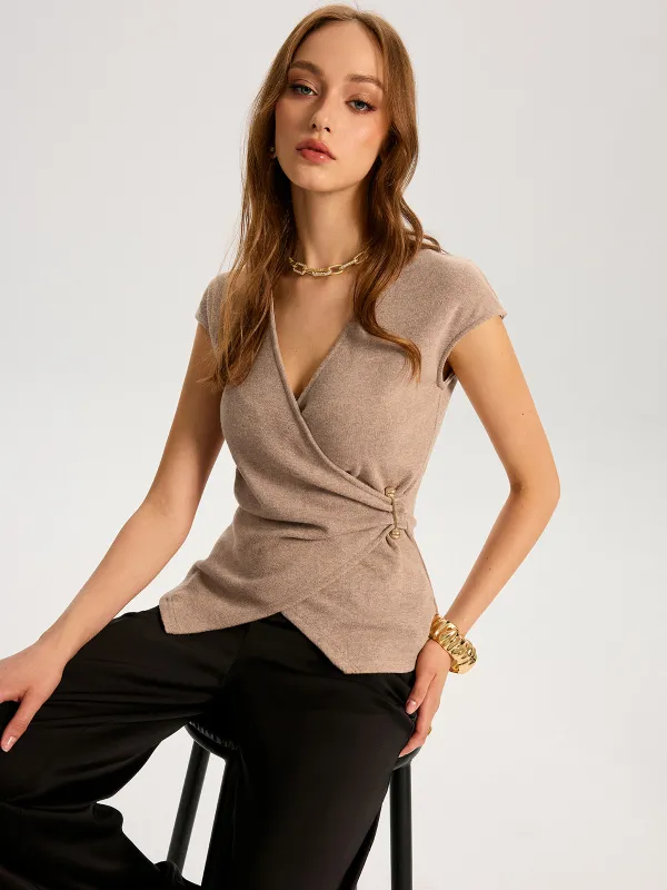 Metal Detail Cap Sleeve Knit Top sold by COMMENSE