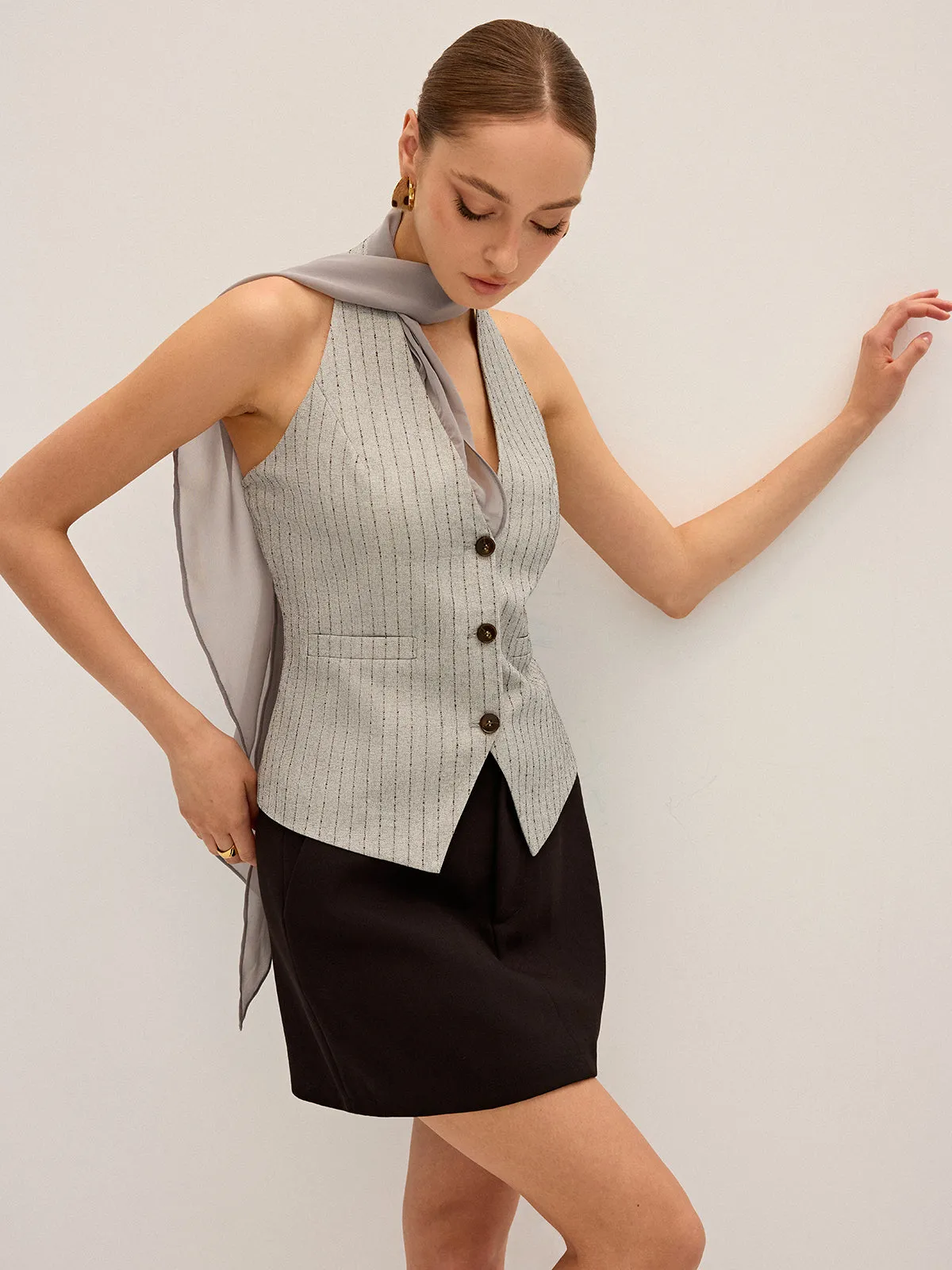 Pinstripe Halter Neck Vest with Chiffon Ribbon Panel sold by COMMENSE product image thumbnail 4