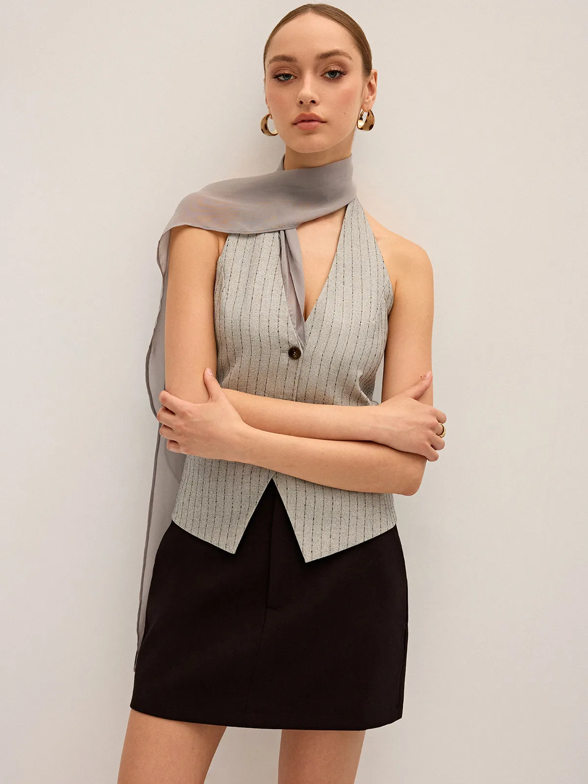Pinstripe Halter Neck Vest with Chiffon Ribbon Panel sold by COMMENSE product image thumbnail 5