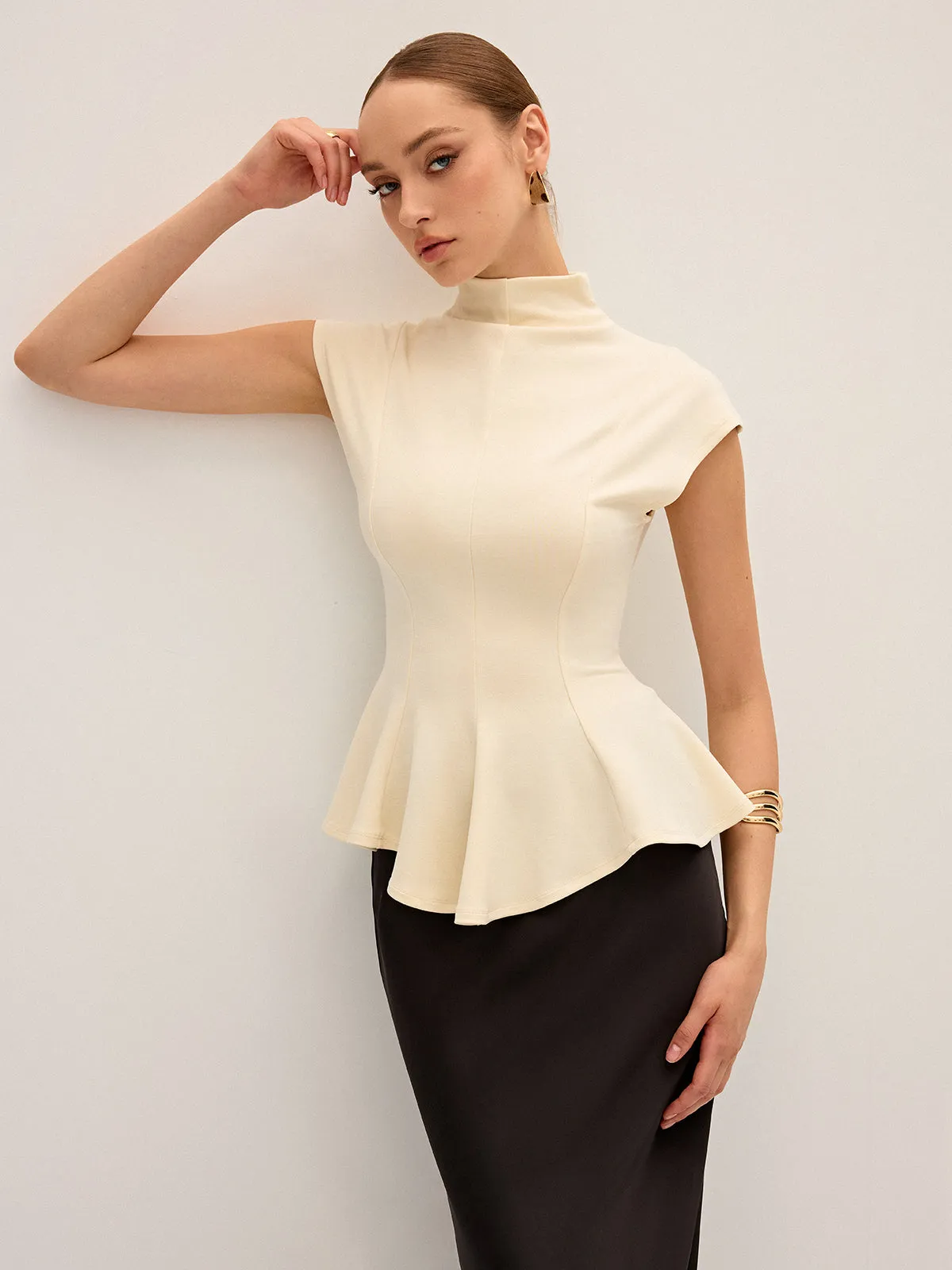 Mock Neck Cap Sleeve Peplum Top sold by COMMENSE