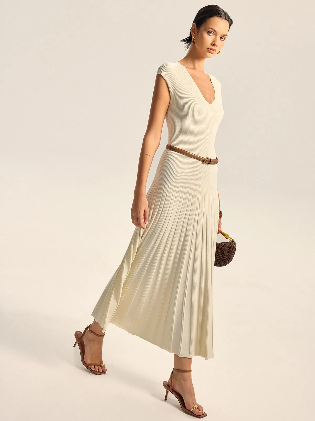 Ribbed Knit V-Neck Midi Dress Without Belt sold by COMMENSE