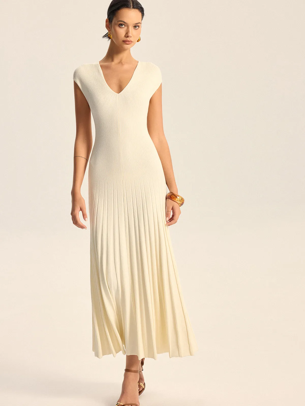 Ribbed Knit V-Neck Midi Dress Without Belt sold by COMMENSE product image thumbnail 2