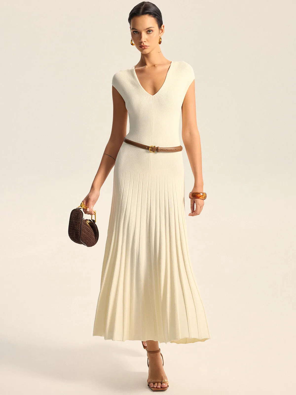 Ribbed Knit V-Neck Midi Dress Without Belt sold by COMMENSE product image thumbnail 5