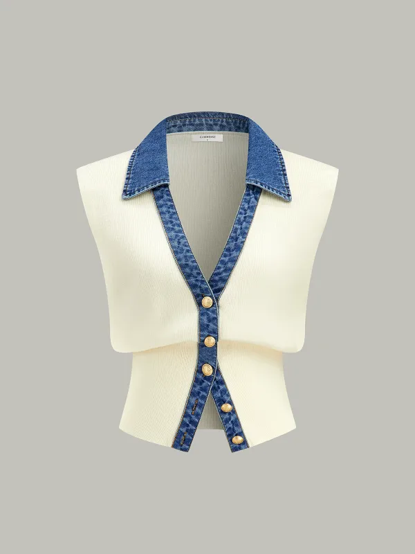 Denim Trim Metal Button Knit Vest sold by COMMENSE