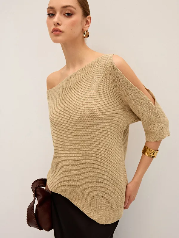 Asymmetric One-Shoulder Knitted Top sold by COMMENSE