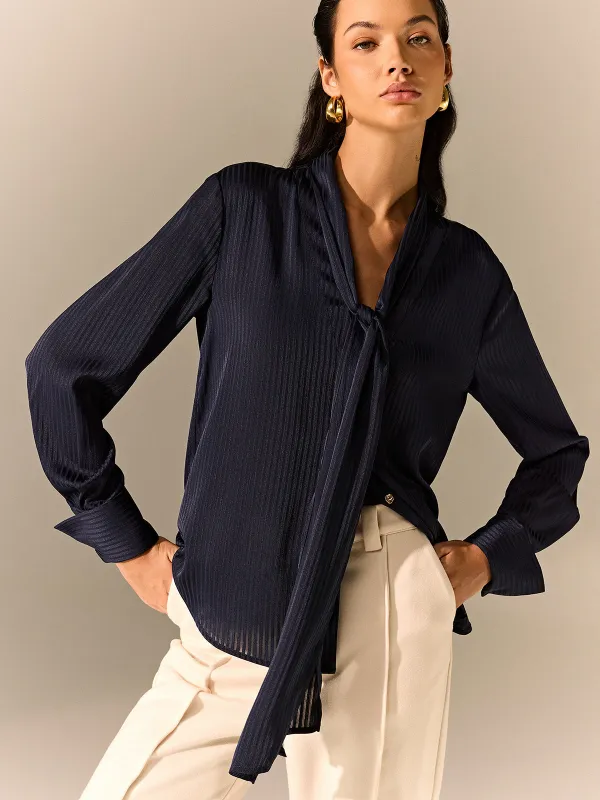 Tie-Neck Long-Sleeve Satin Blouse sold by COMMENSE