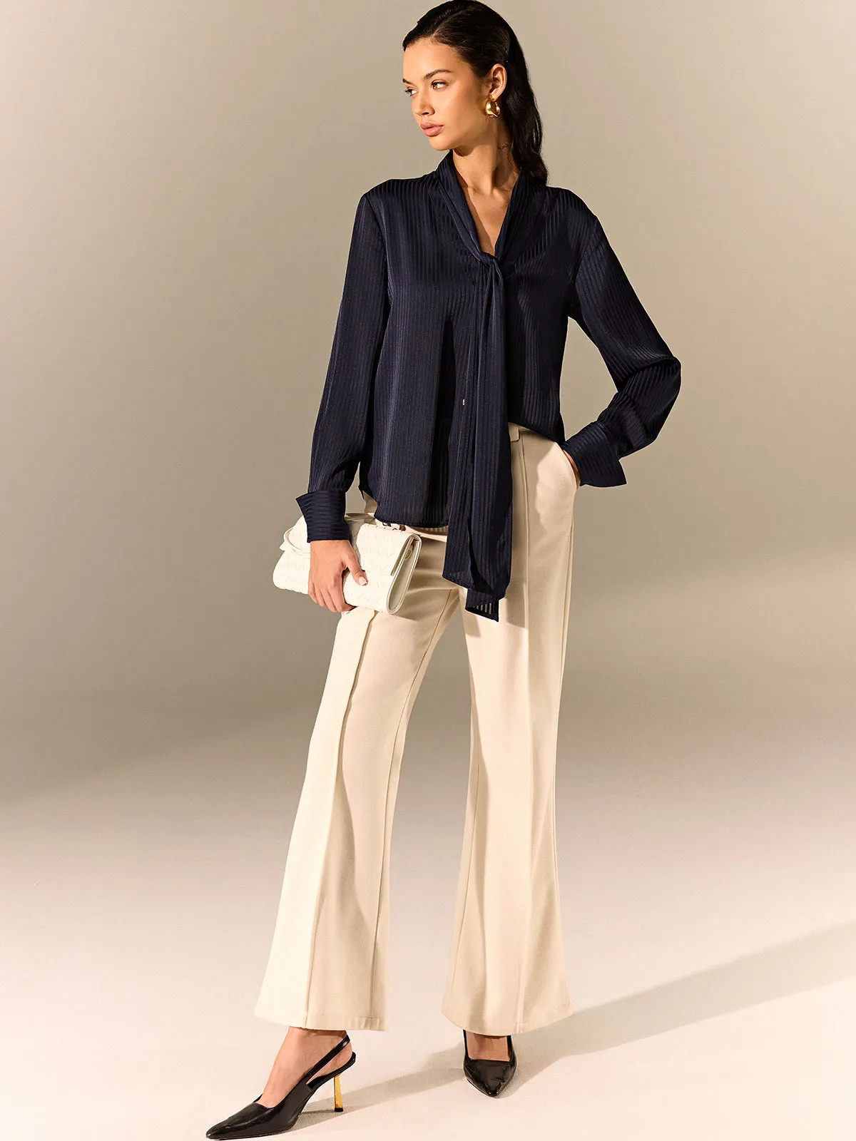 Tie-Neck Long-Sleeve Satin Blouse sold by COMMENSE product image thumbnail 4