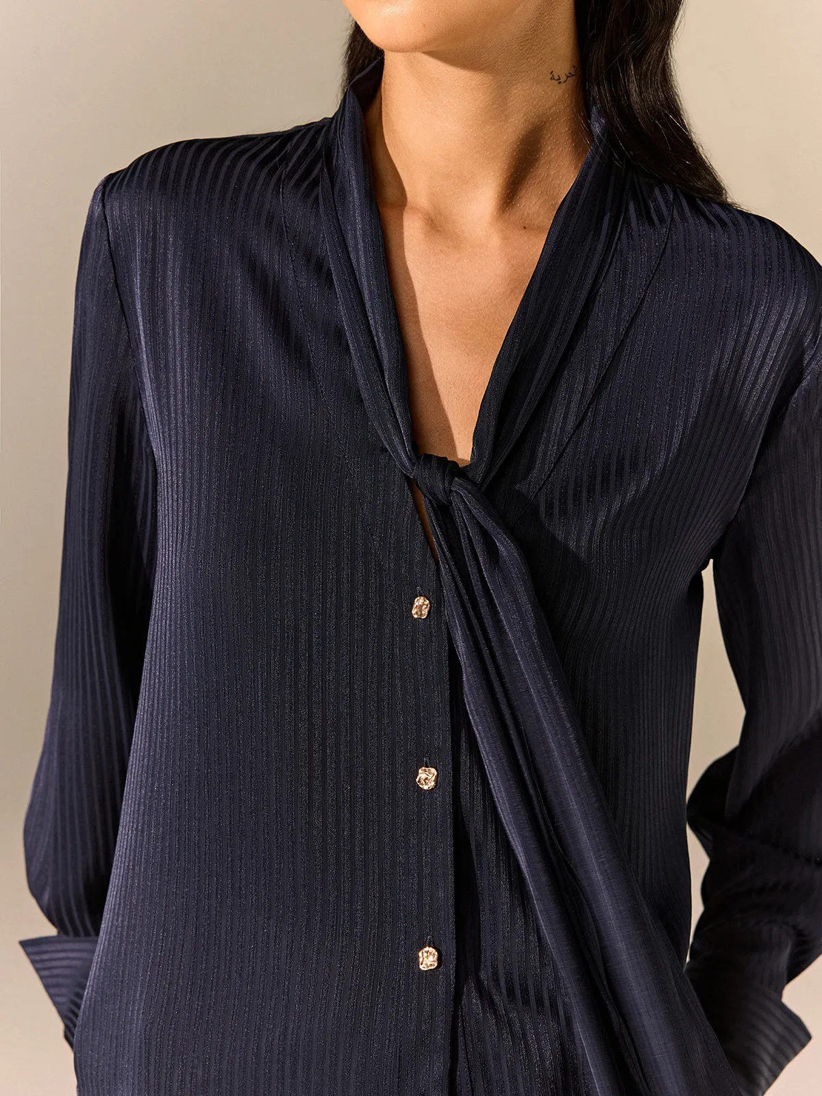 Tie-Neck Long-Sleeve Satin Blouse sold by COMMENSE product image thumbnail 5