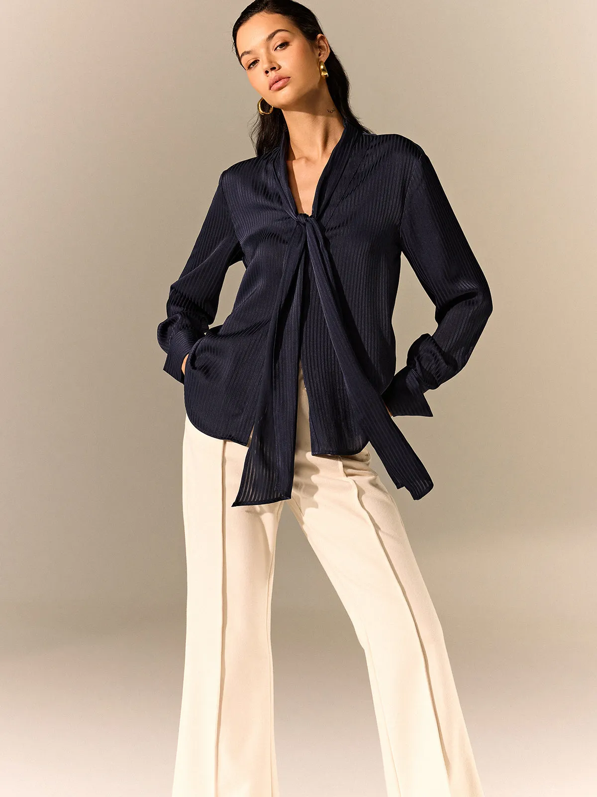Tie-Neck Long-Sleeve Satin Blouse sold by COMMENSE product image thumbnail 2